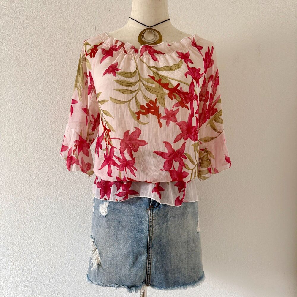 Off-Shoulder Pink Chiffon Floral 3/4 Sleeve Blouse Y2K Boho Fairy Whimsy L/XL